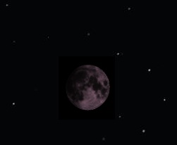 皆既月食の想像写真。月は暗い赤色になっていて、月の近くにはたくさんの星が見えています。