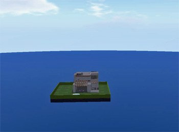 空の家遠景。上空に浮かぶ家と庭の周囲は海。水平線が円弧を描きます。