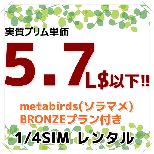 ★1/4SIM★プリム単価5.7L$以下&ブロンズプラン付き