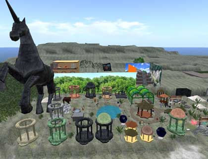 【一角獣、カバ噴水、地球儀、花など】