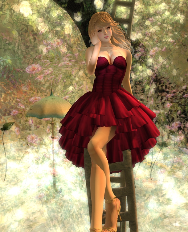 フリー!素敵な春&大人&赤フリフリドレスにポーズ付巨大薔薇